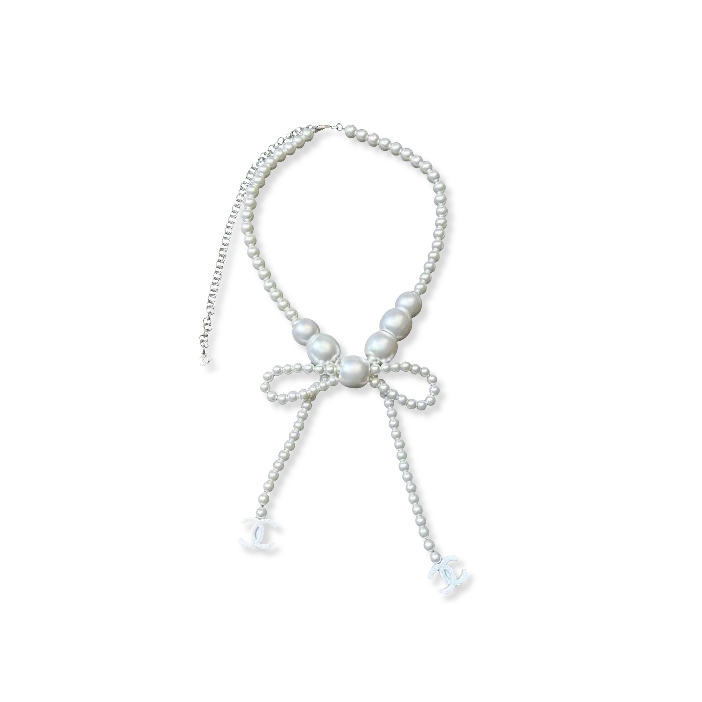 CHANEL SILVER CC PEARL NECKLACE ABE929